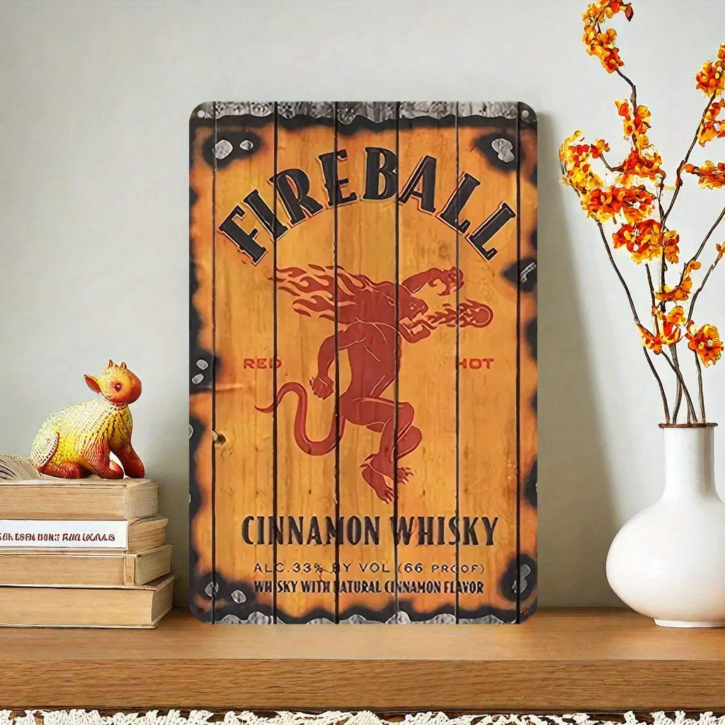 Vintage Fireball Cinnamon Whiskey Metal Sign - Humorous Home, Bar, Cafe Wall Art - Perfect for Holiday Decorations, Garden