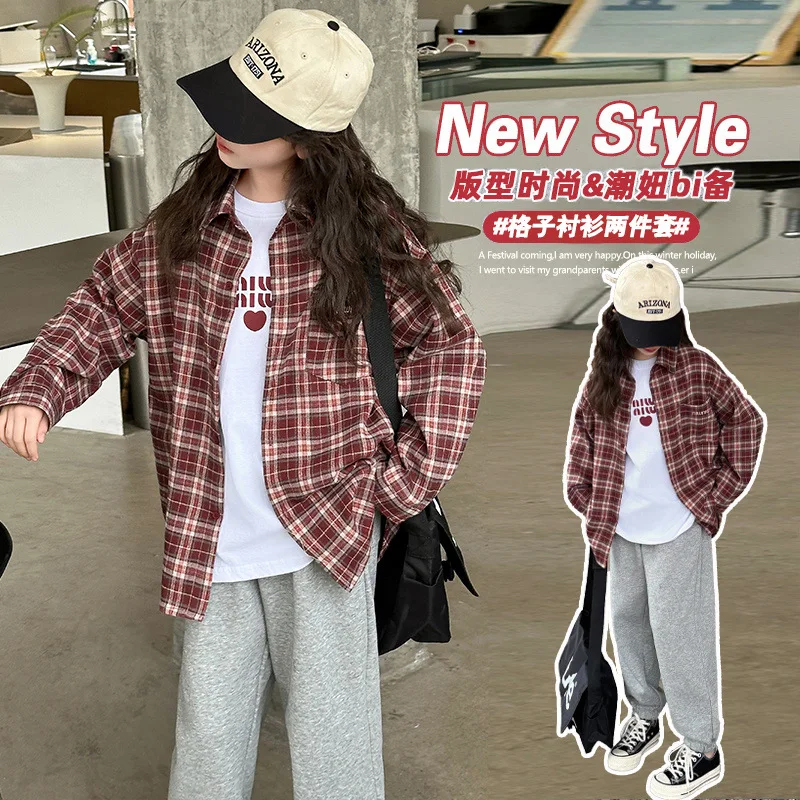 Korean Plaid Cotton Long-Sleeved Shirt for Children Casual Autumn Cardigan Preppy Style Boy Girl Tops in Red Colors 2-13 Y