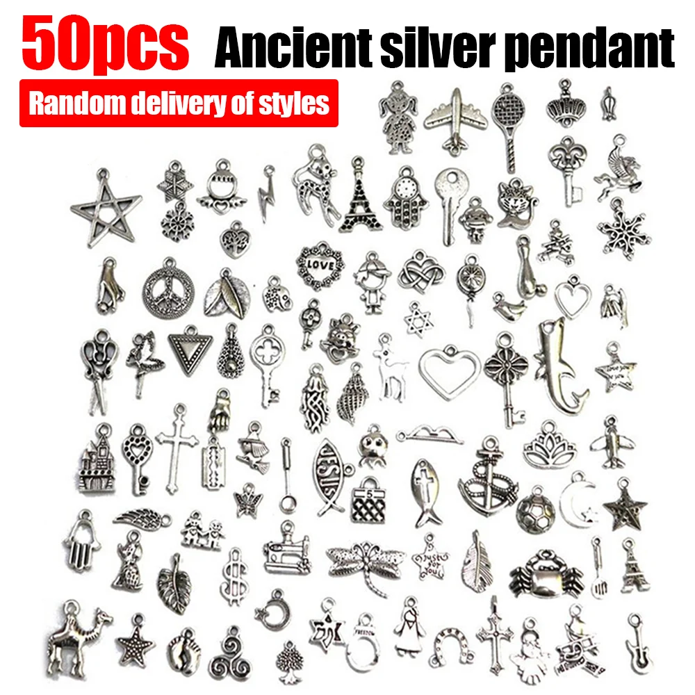 50Pcs/Set Antique Alloy Pendant Charms Mixed Tibetan Silver Color Hollow Spacer Beads for Necklace Jewelry Making DIY Crafts