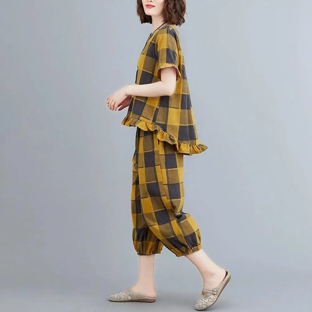 

Women 2 Pieces Summer Outfits Sleeves Plaid Print Tank Tops + Pants Set Female Casual Matching Sets Loungewear Street Outfit