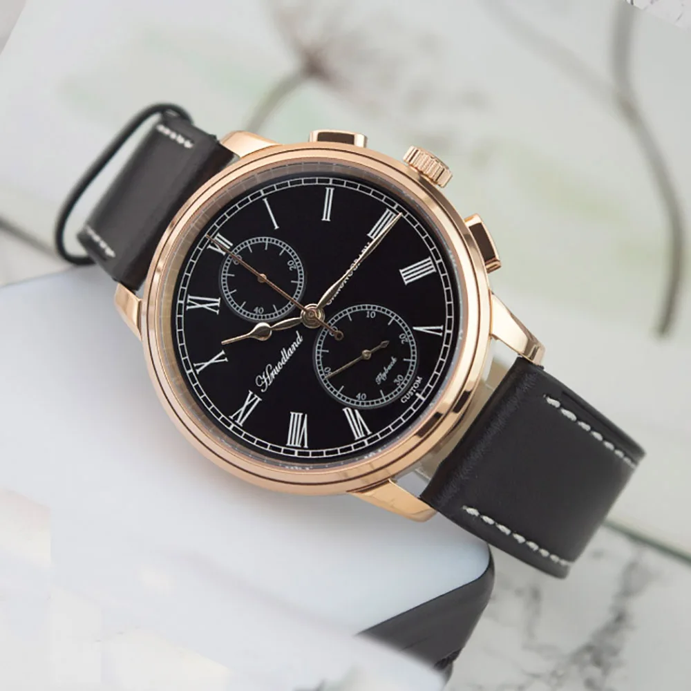 Hruodland G004 Rose Golden Men\'s Quartz Chronograph Watch Sapphire Glass Blue Black Stainless Steel Dress Wrsiwatches for Men