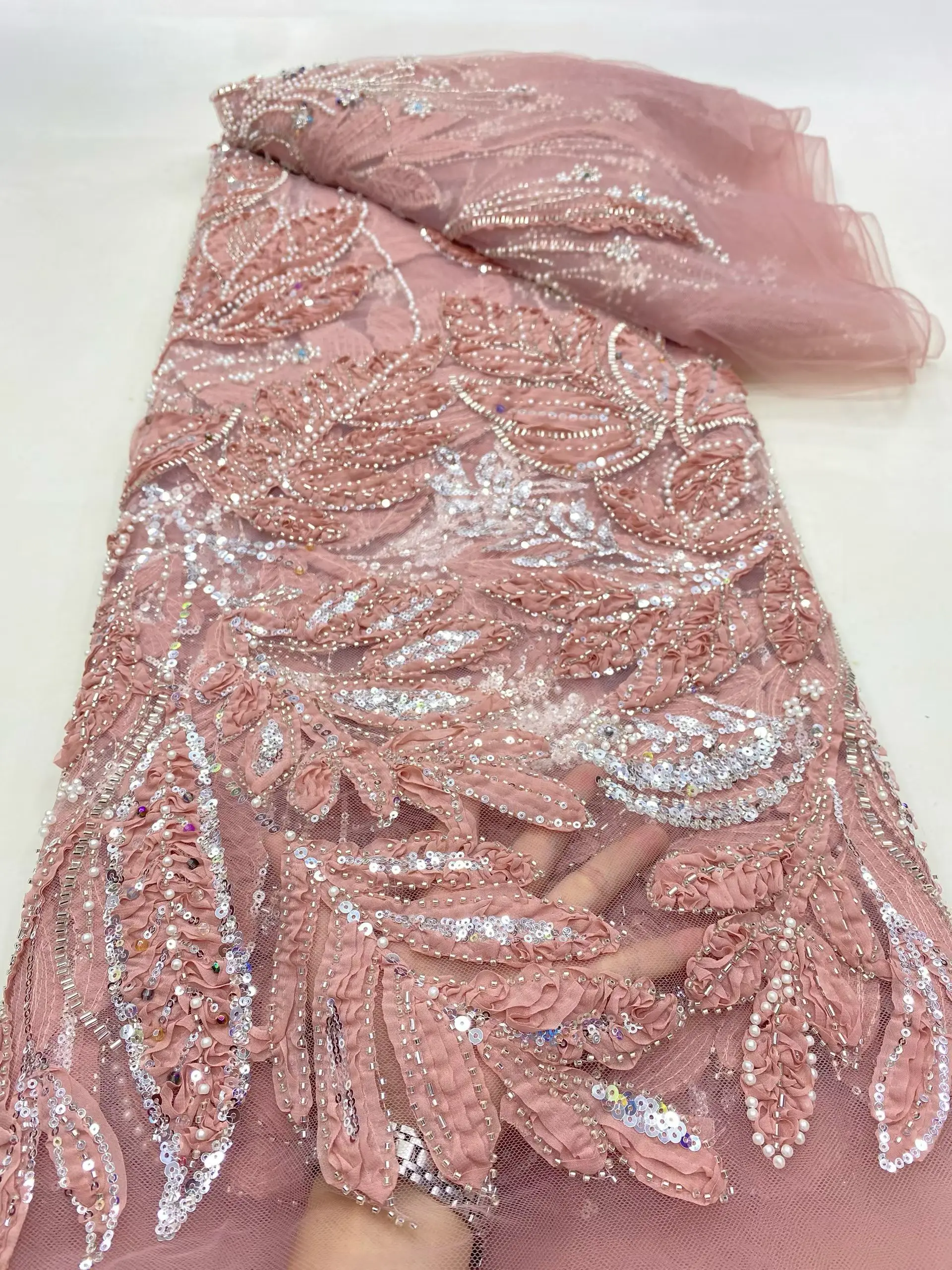

New Arrival Luxury Pink Heavy Beads French Lace Fabric 2025 High Quality Beaded Sequins African Nigerian Lace Fabric KDP25148