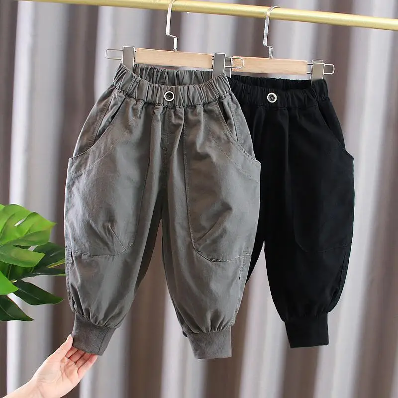 

Solid Color Kids Clothes 2023 Spring New Loose England Style Spliced Pocket Cotton Harem Wide Leg Trousers Handsome Boys Clothes