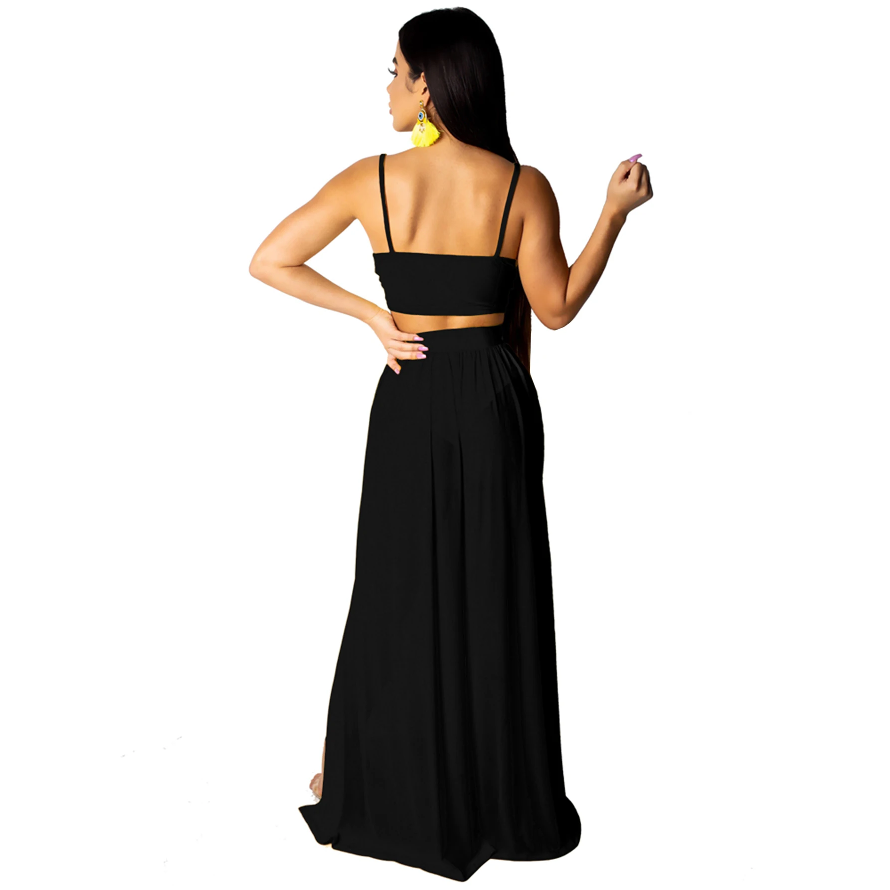 Women's sexy two-piece dress with chiffon straps, deep V-neck bra, exposed navel top, high slit dress, skirt set