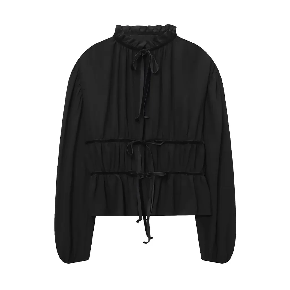 

DiYiG WOMAN 2025 winter new fashion solid color lace bow shirt chic wooden collar all-match long sleeve top Blouses Mujer