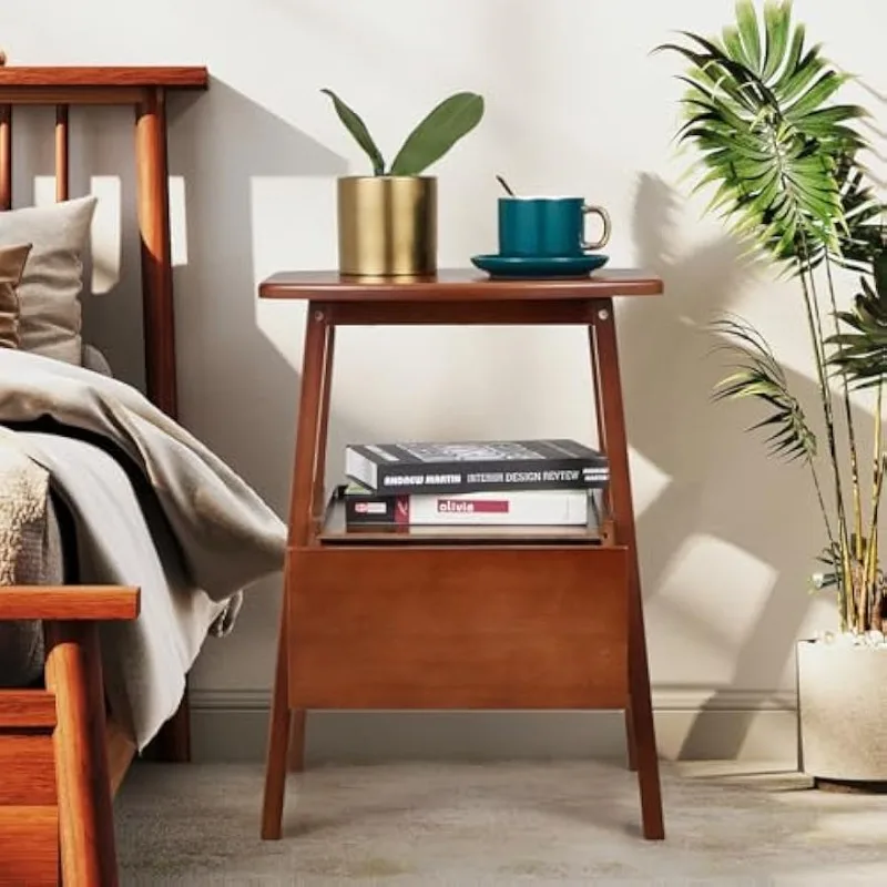 

with Drawer and Storage Shelf, Small Bedside Table for Bedroom, Sturdy & Stylish Brown Bamboo Bed Side Table