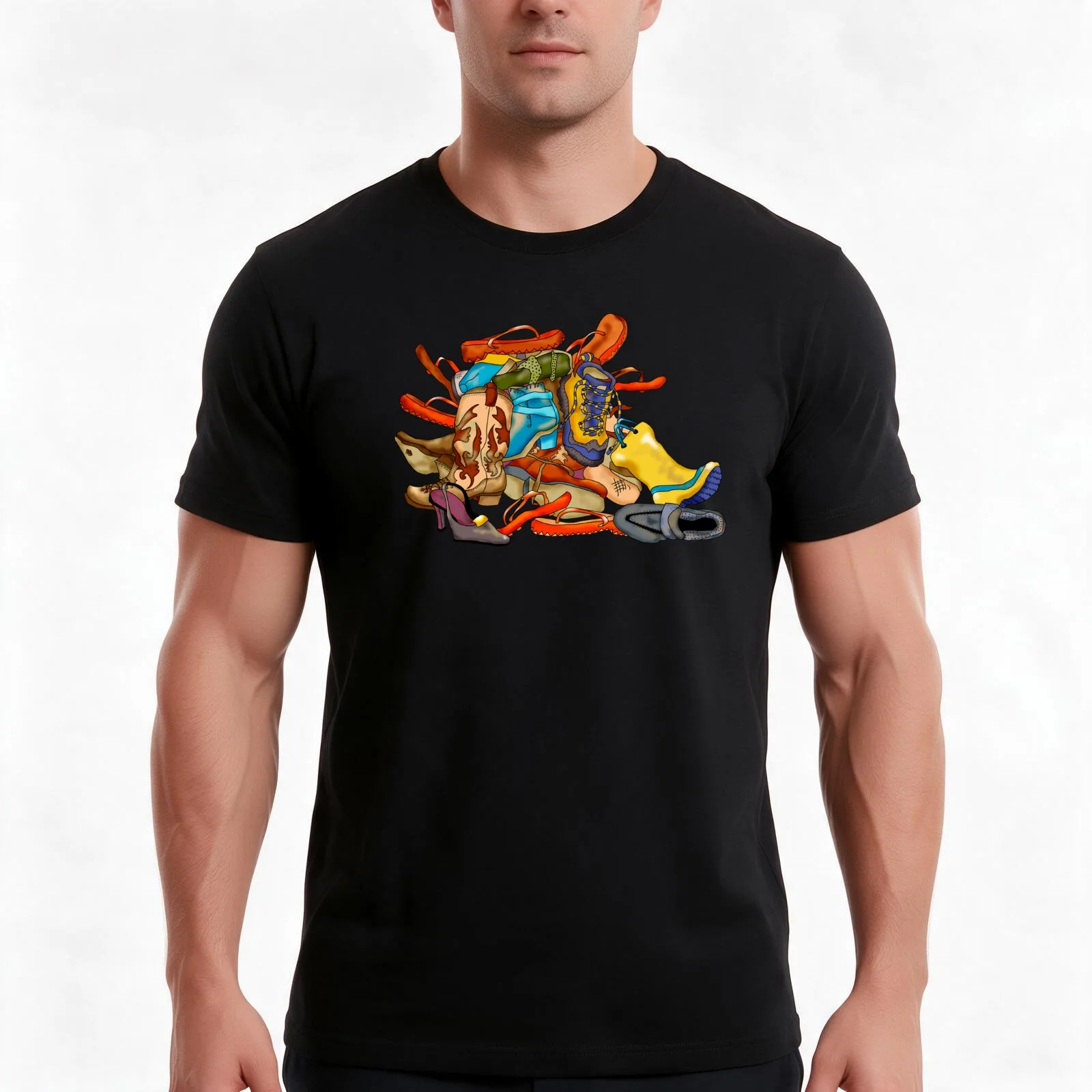Pile of Shoes T-Shirt, Summer Casual Cotton Tee, Oversized Streetwear Tops, Vintage Graphic Print, Loose Fit Short Sleeve