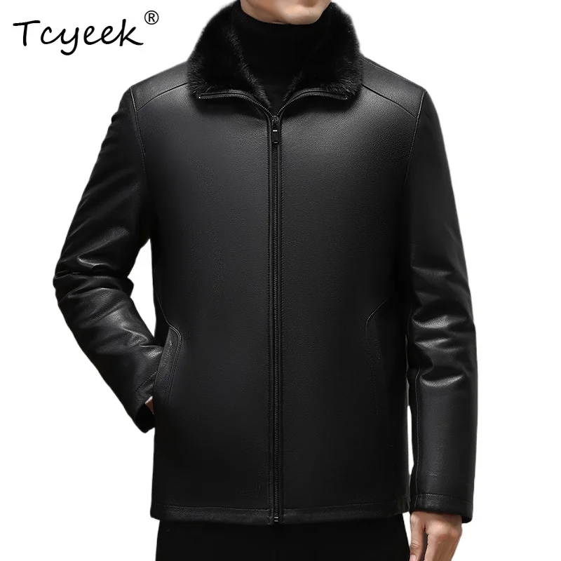 

Tcyeek Верхний слой из козьей кожи, норковая внутренняя подкладка, осень-зима, модная мужская куртка из натуральной кожи с лацканами Chaqueta Cuero Hombre 가죽 자켓