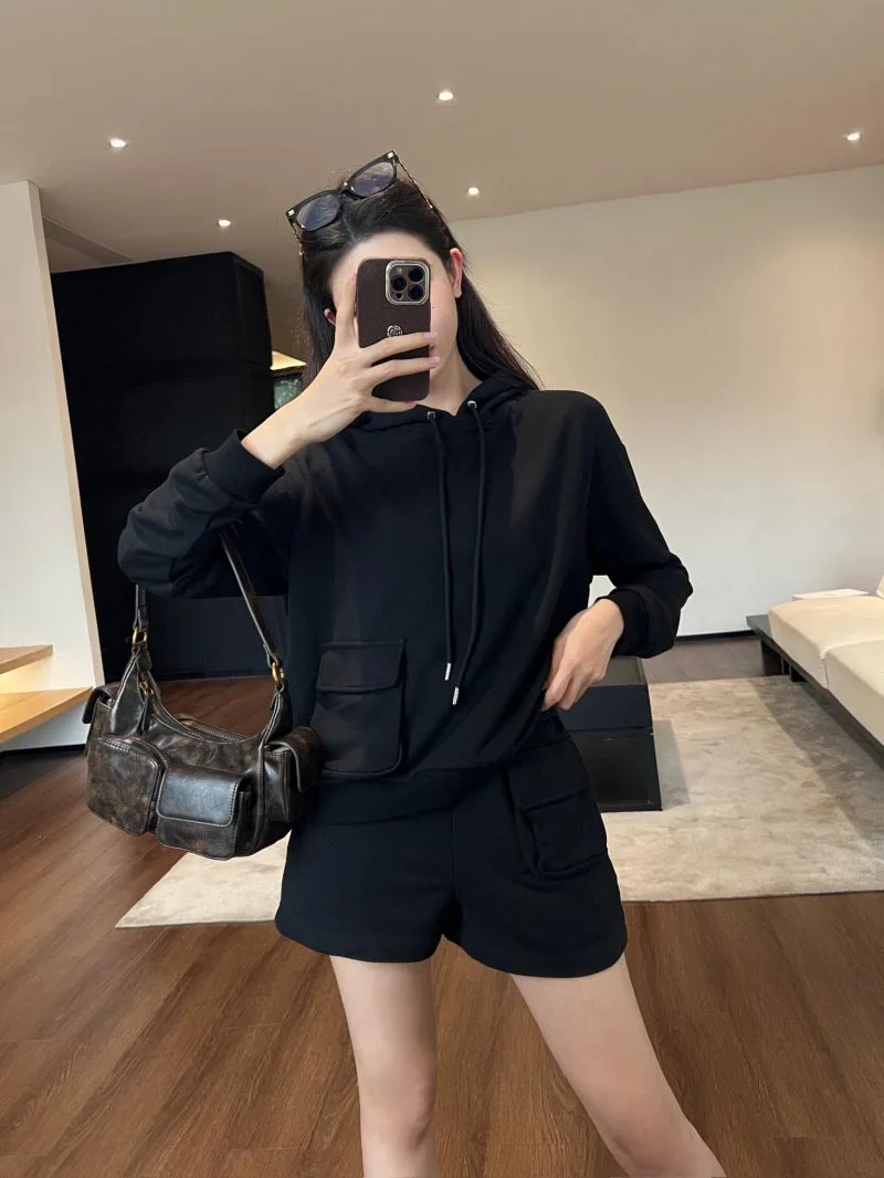 Sporty women's hoodie loose casual versatile pocket decoration drawstring hooded pullover two-piece set