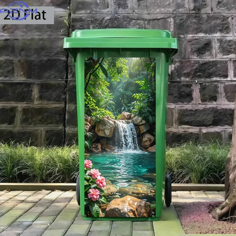 [2D Flat Printing] 1pc Trash Can Sticker [ X  inch] Emerald Pool Cascade Flow Light Animal Theme Design Wall Sticker Self-Adhe