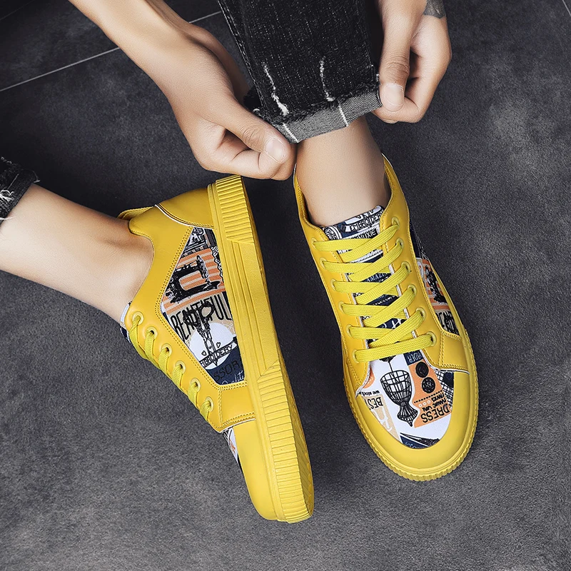 Yellow Casual Men\'s Shoes Fashion Graffiti Vulcanized Sneakers Men Designer Canvas Shoes Unisex Streetwear Hip Hop Sneakers Male