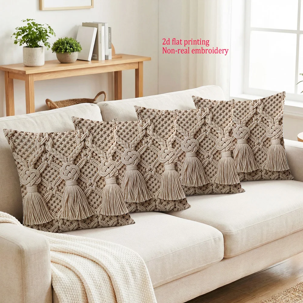 1PC 2D Flat Boho Macrame Style Decorative Throw Pillow Covers with Tassels for Sofa Bedroom Living Room No Pillow Core