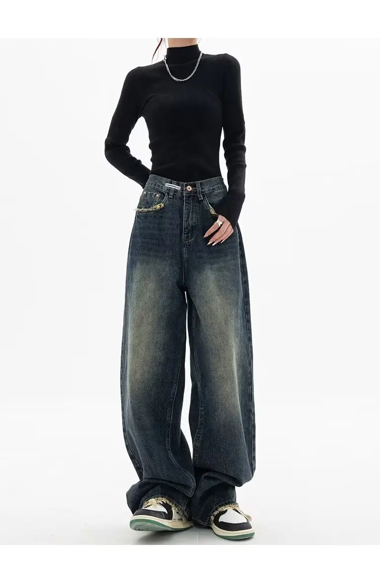 Frühling Herbst weites Bein Jeans Frauen hohe Taille Jeans hose Damen Jeans Harajuku Vintage bf Stil lose Femme Streetwear – Detail 9