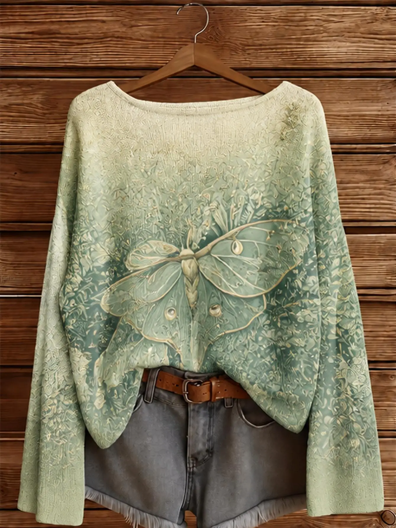 Plus Size Women Boho Green Moth Print Off‑Shoulder Halter Neck Sweater, Oversized Knit Pullover, Soft Chic Casual Top for Autumn