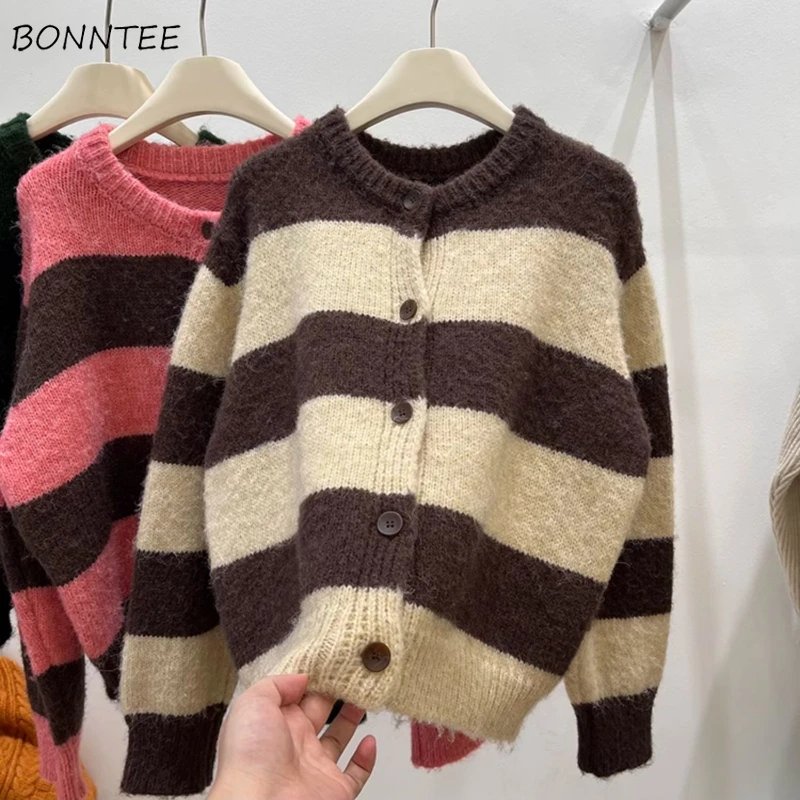 

Striped Cardigan Women Soft Knitted Loose Fit Gentle Lazy Style All-match Ulzzang Classic Coats Sweaters Autumn Winter Daily