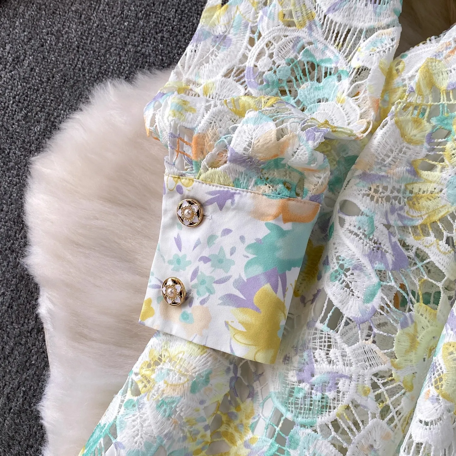 Robe de soirée de luxe brodée pour femmes, printemps-automne, Crochet, dentelle ajourée, mi-longue, chemise, boutons perlés, robes de bal