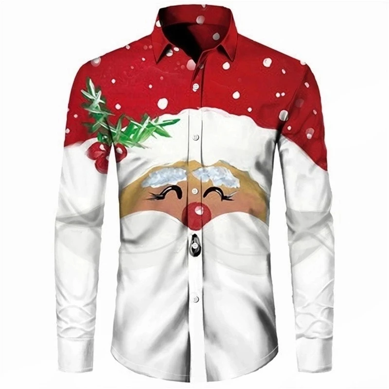 Nouveau hommes chemise à manches longues 3D mignon père noël imprimé motif costume t-shirt hauts rue hommes nouvel an revers grande taille chemise