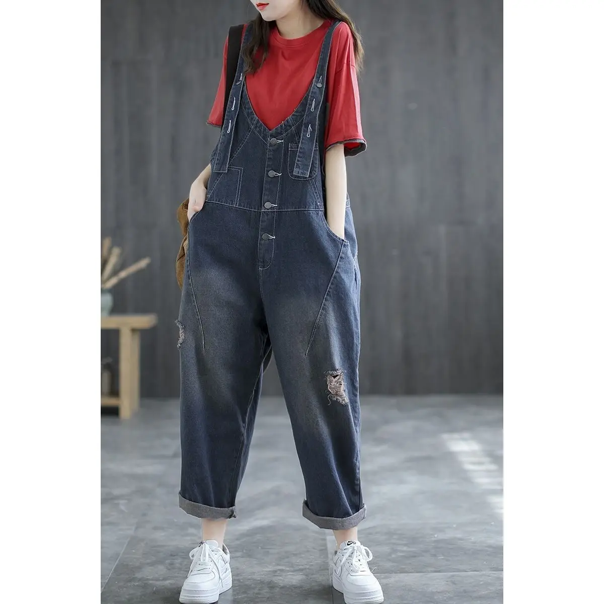 High Street Fashionable 2024 New  Women Jumpsuit Solid Color Sleeveless Loose Overall Straps Casual Adjustable Women YC89