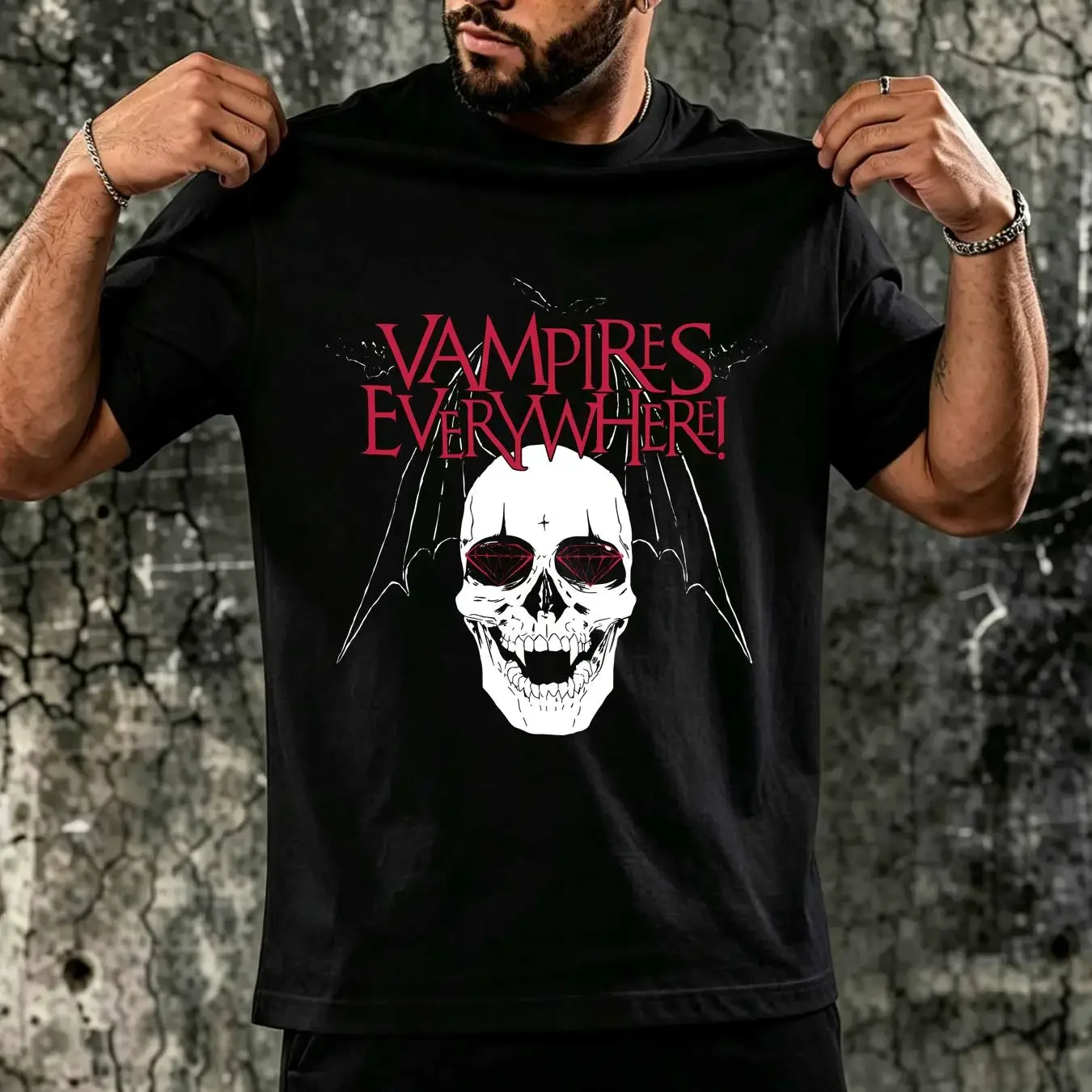 washed T Shirt VAMPIRES EVERYWHERE White Skull S M L XL Brand New Official vintage Washed graphic Versatile