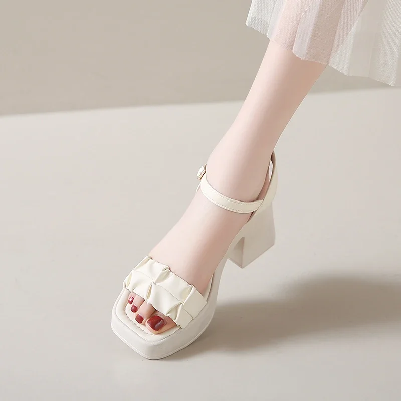 Ladies Shoes 2025 Open Toe Women's Sandals Fashion Pleated Dress Sandals Women Buckle Strap Platform Chunky Heels Ladies Shoes