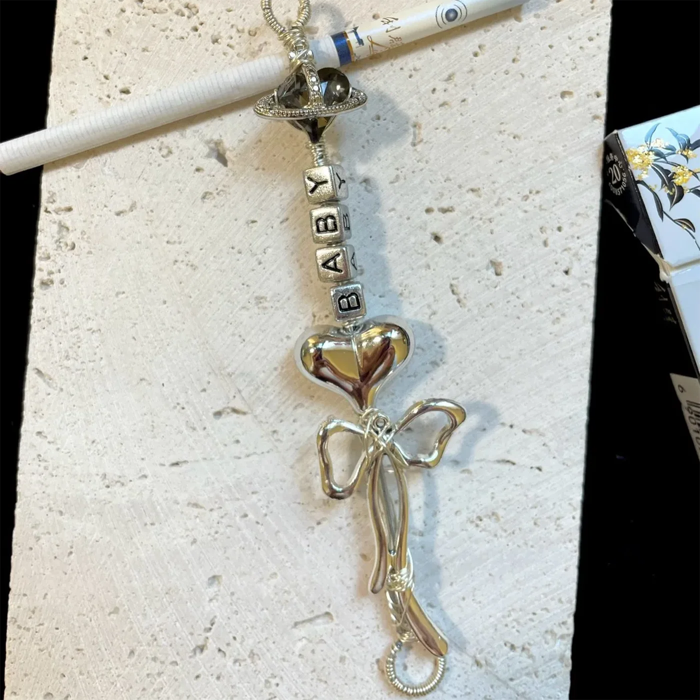 Custom Name 4 Letter Alphabet Beads Handmade Silver Saturn Orb Heart Bow Wire Wrapped Ring Vintage Y2K Coquette Finger Clip Wand