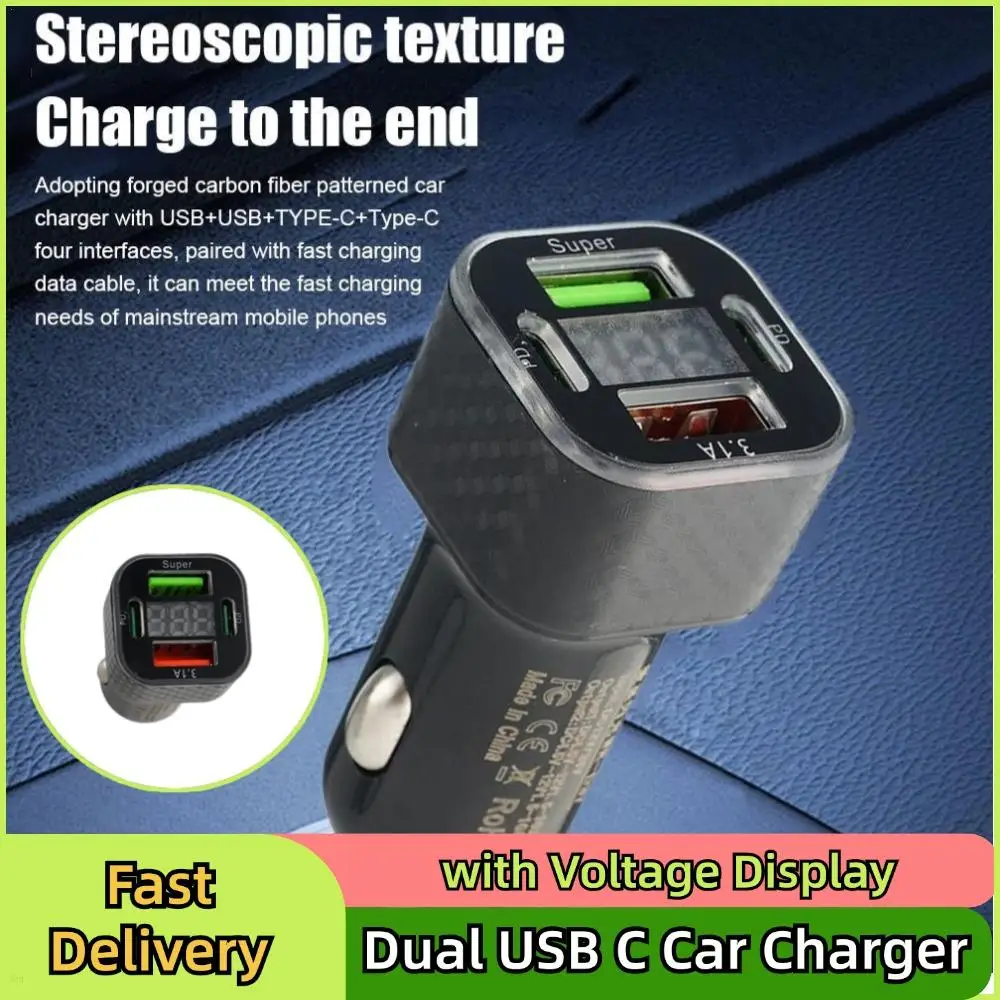 

Автомобильное зарядное устройство с двумя USB C и дисплеем напряжения, 380 Вт, автомобильное зарядное устройство для телефона, адаптер для быстрой зарядки для IPhone Oppo Vivo