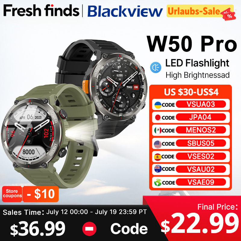  [World Premiere] Blackview W50 Pro Smartwatch 1.45" HD Display Flashlight  960mAh Bluetooth Phone Call Rugged Smartwatch 
