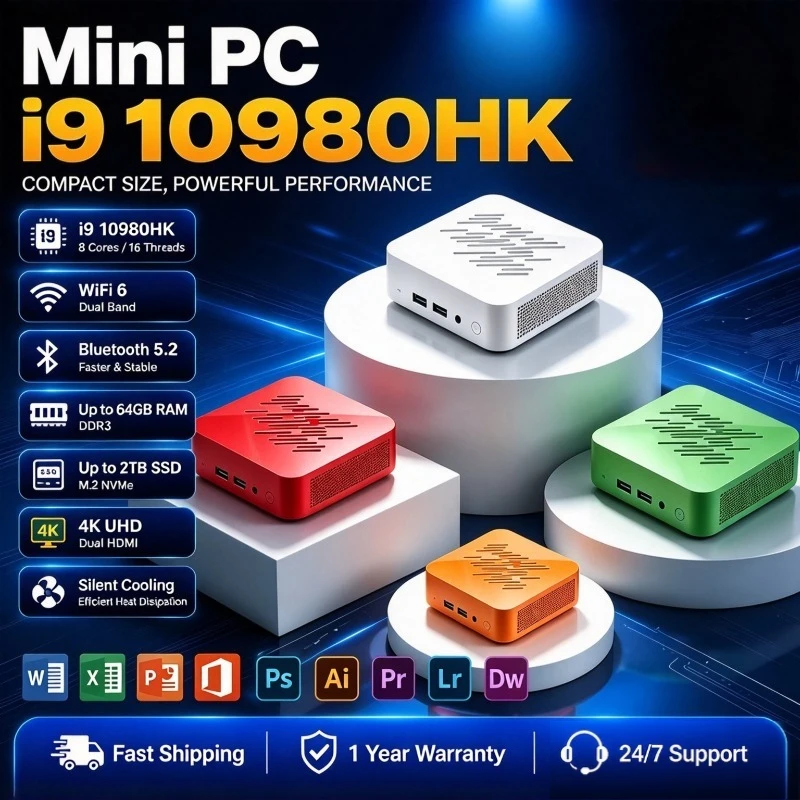 New Mini PC Core I9 10980HK Portable Mini Desktop Device 16GB RAM 1TB 2TB Large SSD 4K HD Display For Game Office Home Use