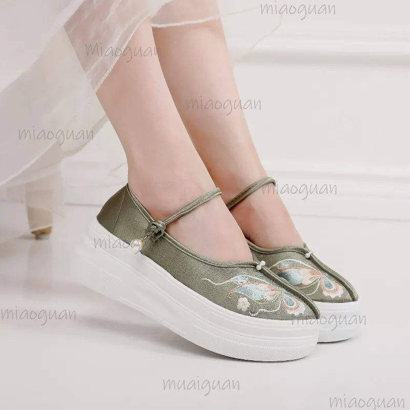Women's Chinese Style Embroidered Platform Mary Janes Butterfly Thick Sole Shoes Ankle Strap Comfortable Casual Ethnic Sneakers