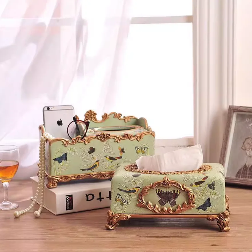American style countryside green craft flower and bird painted tissue box, large relief paper drawing craft, home daily decorati