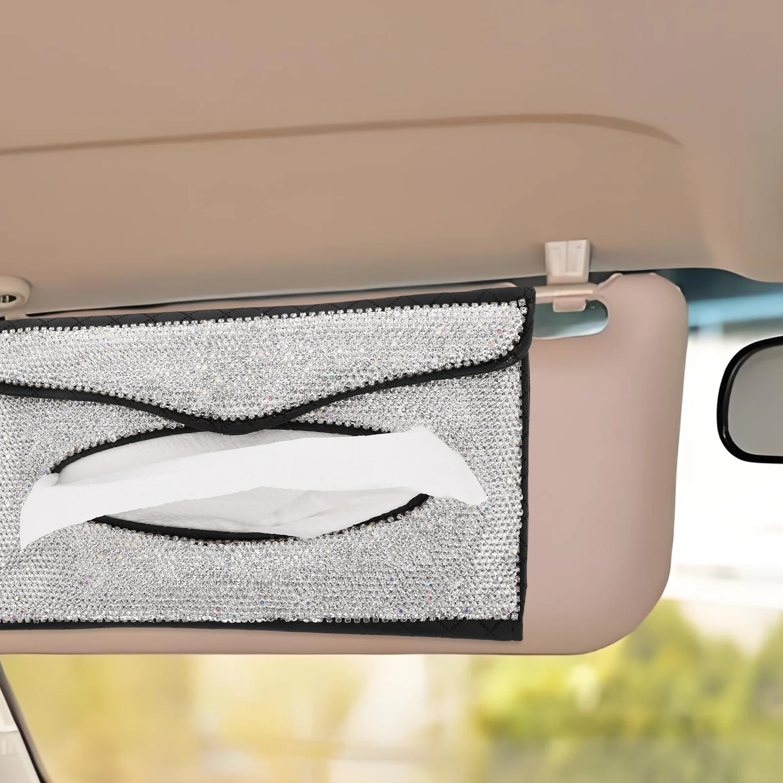 

Car Tissue Box Holder Bling Rhinestone Sparkly Decorative Accessory Sun Visor Backseat Organizer No Installation Required