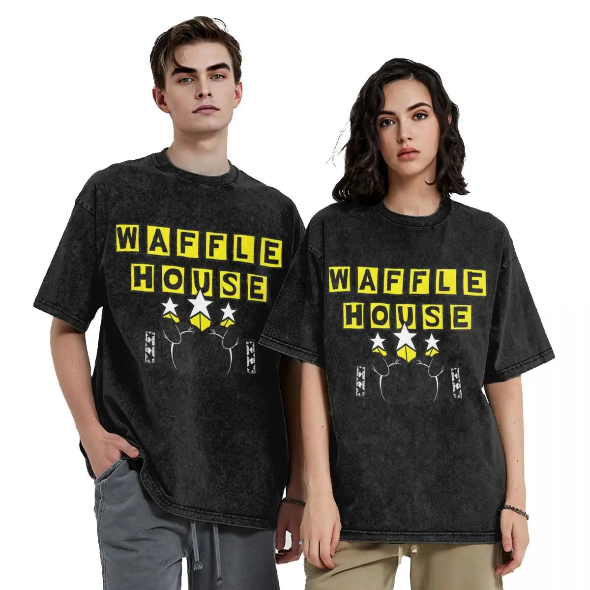 

Waffle House Hip Hop Short Sleeve T-Shirts Washed Tops Tees Streetwear T Shirt Cotton for Men Women
