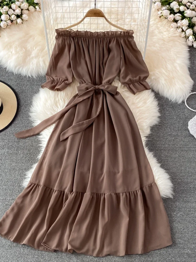 Beach Dress Women Sexy Off The Shoulder Slash Beach Chiffon Dresses Ladies Elegant A Line Bandage Party Dress Long Robe