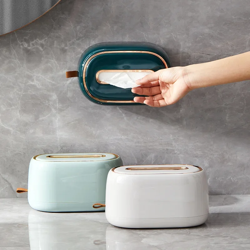 Light Luxury Desktop Tissue Box Holder with Spring Wall-mounted Tissue Box Cover Paper Towel Dispenser Bathroom Tissue Organizer
