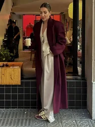 Women Burgundy Red Color Lapel Long Coat Elegant Chic Double Breasted Long Sleeve Overcoats Autumn Oversize Casual Streetwear