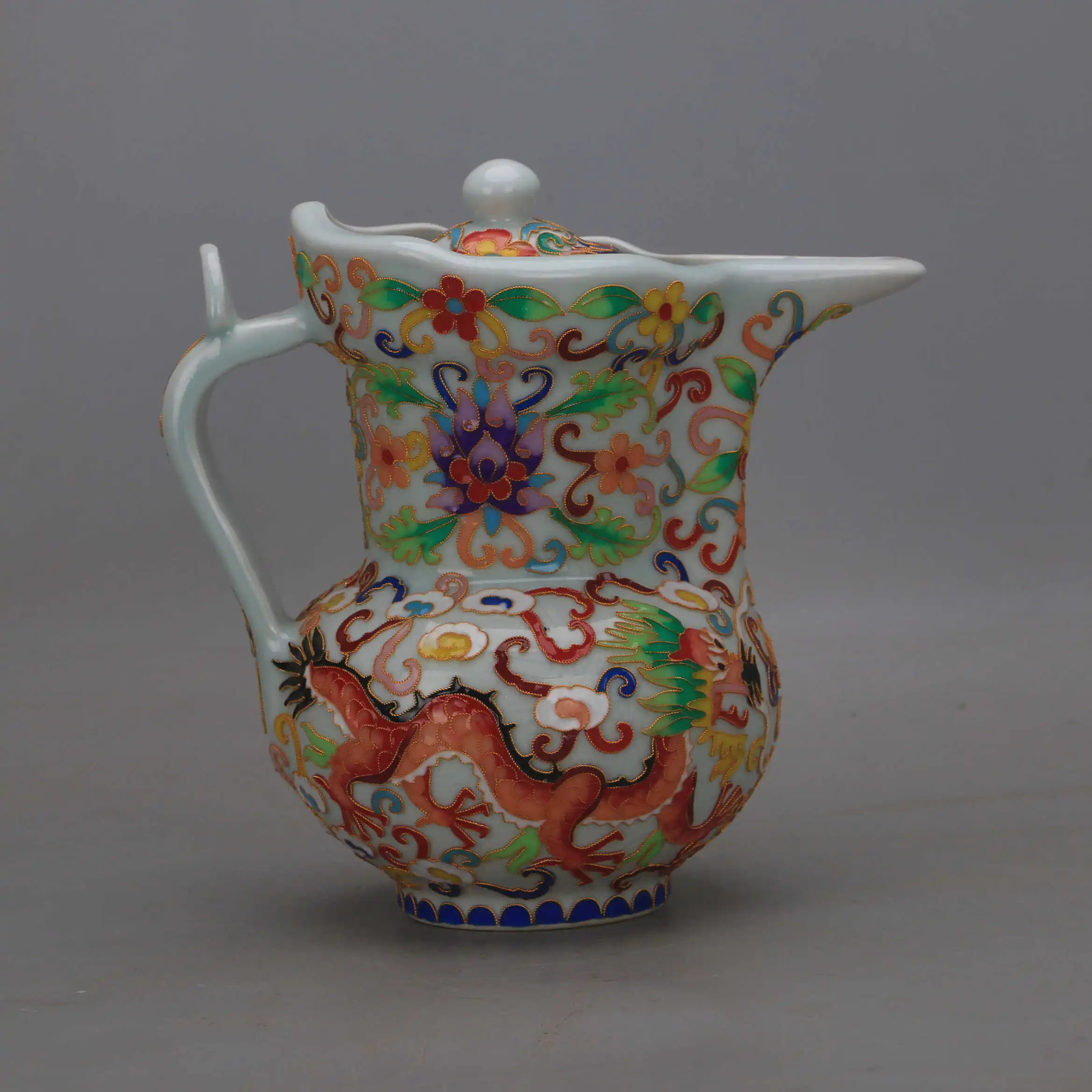 Cloisonne Enamel Porcelain Monk Cap Teapot with Dragon and Flower Pattern Qianlong Style Antique Replica Collection Gift