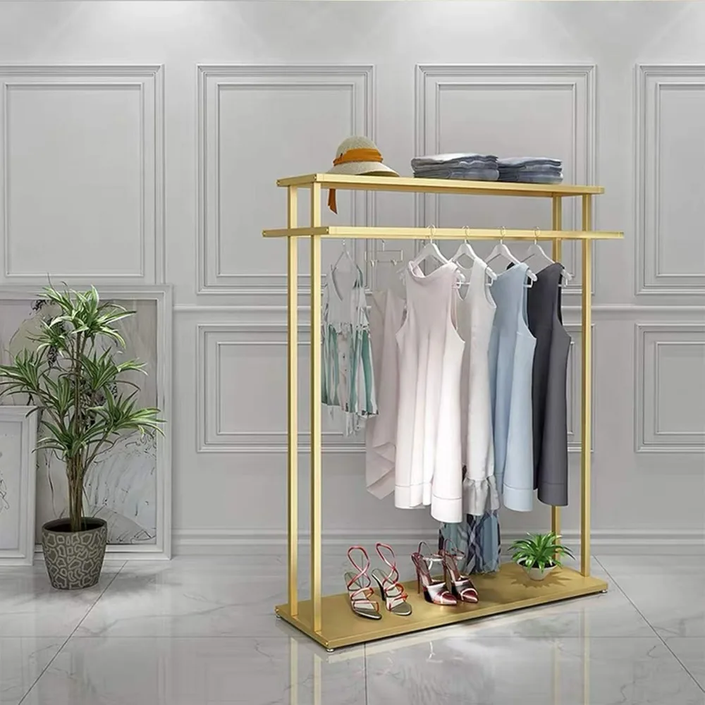 Floor-Standing Double Hanging Rods Hangers Clothes Shelves (Gold With Metal Plate Clothing Store Rolling Garment Rack With Wheel