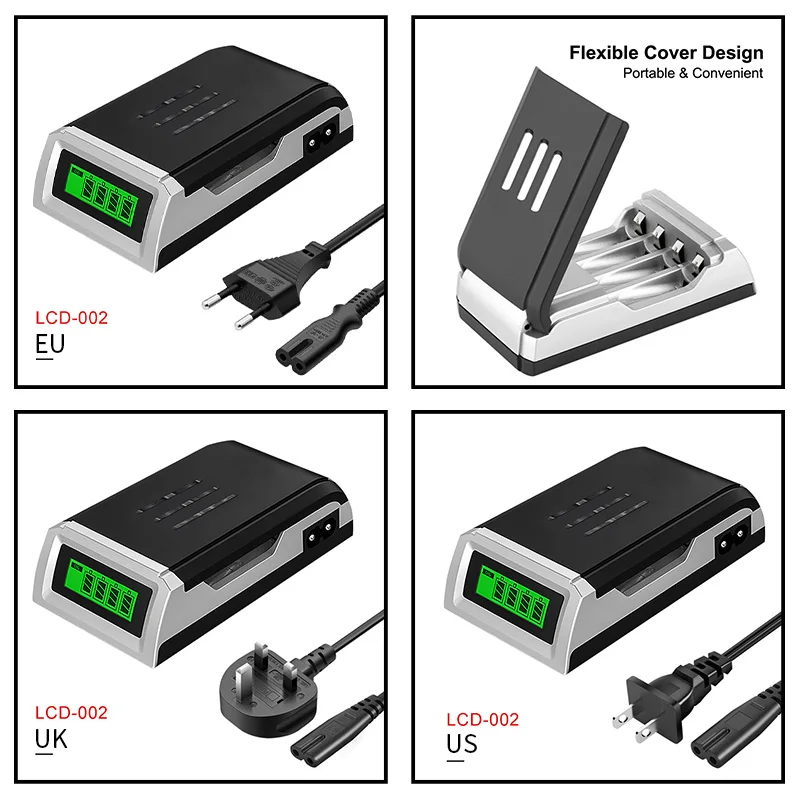 PUJIMAX 4 Slots Smart 1.2V Battery Charger With Charging Cable LCD Display For AA/AAA NiMH NiCd Rechargeable Batteries Adapter