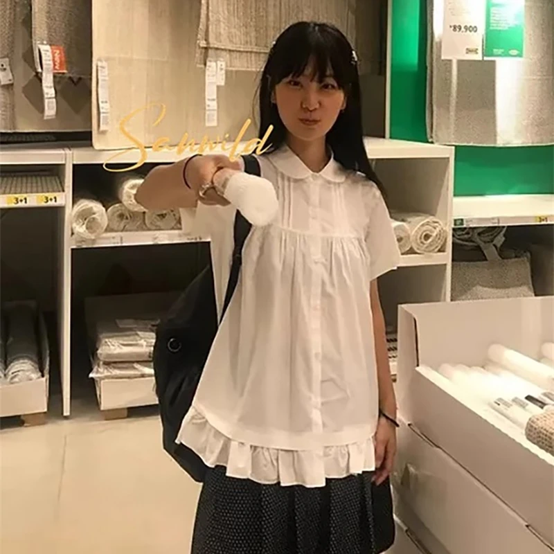 

Chic Loose Casual Ort Sve Doll Collar Oxygen Feeling Summer Shirt Girl Sle Top Korean Version Comfortable Breathable Blouse