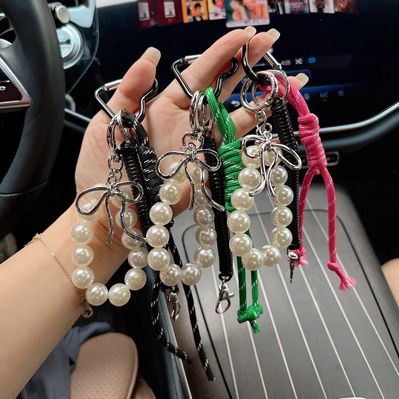 Multi-Functional DIY Imitate Pearl Bow Keychain Lock Chain Hand Woven Ropes Lady Phone Case Hanging Ornaments Bag Accessories