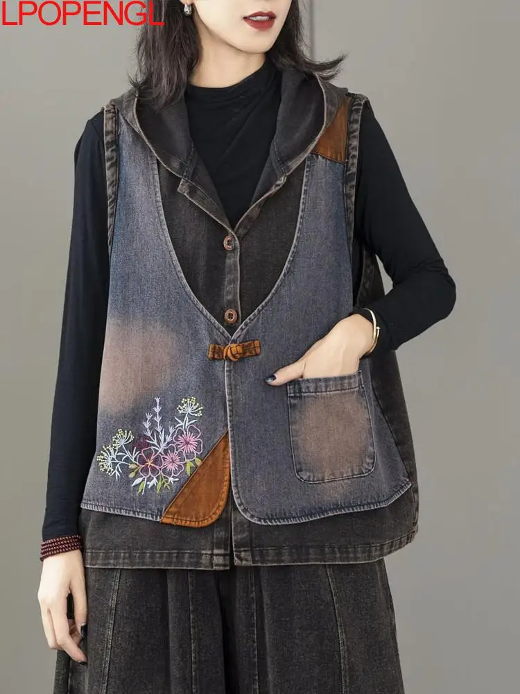 

Women Autumn 2024 New Literature Ethnic Style Embroidery Hooded Fake Two-piece Set Denim Sleeveless Loose Single Button Vest