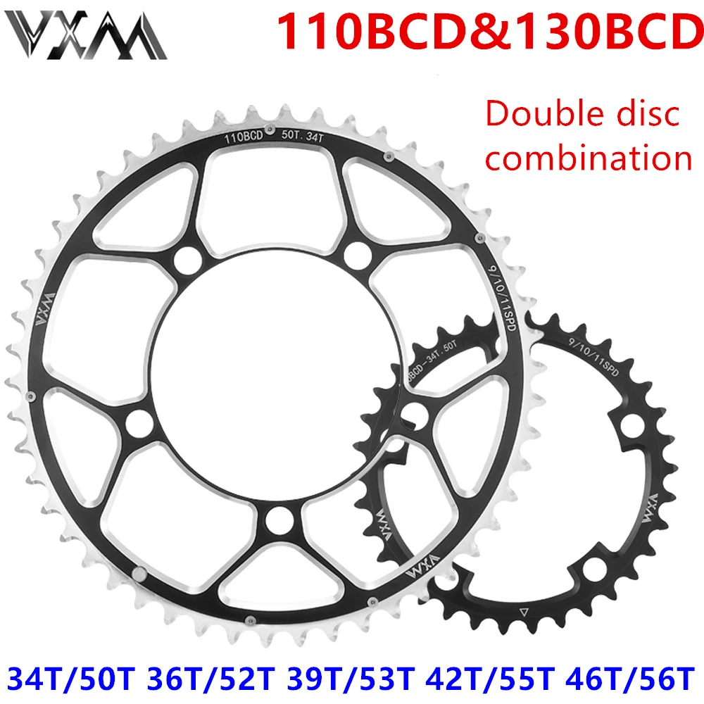 Corrente Dupla VXM-Bike, 110BCD e 130BCD, 34T/50T/36T/52T/39T/53T, Conjunto de manivela MTB, Roda dentada de alumínio, Peças de bicicleta dobráveis