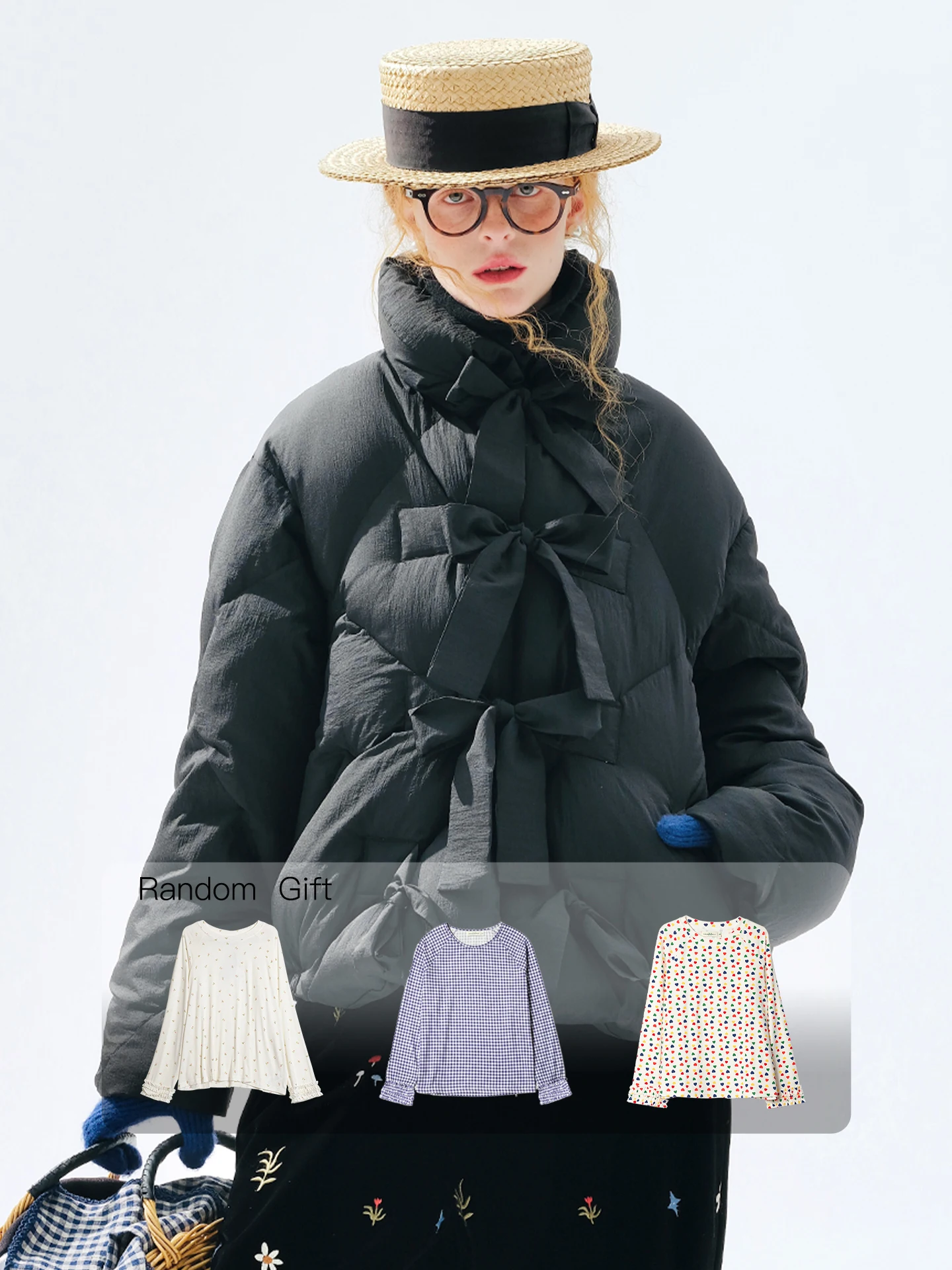 

Bow-Accent Down Jacket imakokoni 2025 Winter Sweet Style Thickened Warm Black Short Women's Outerwear 255297