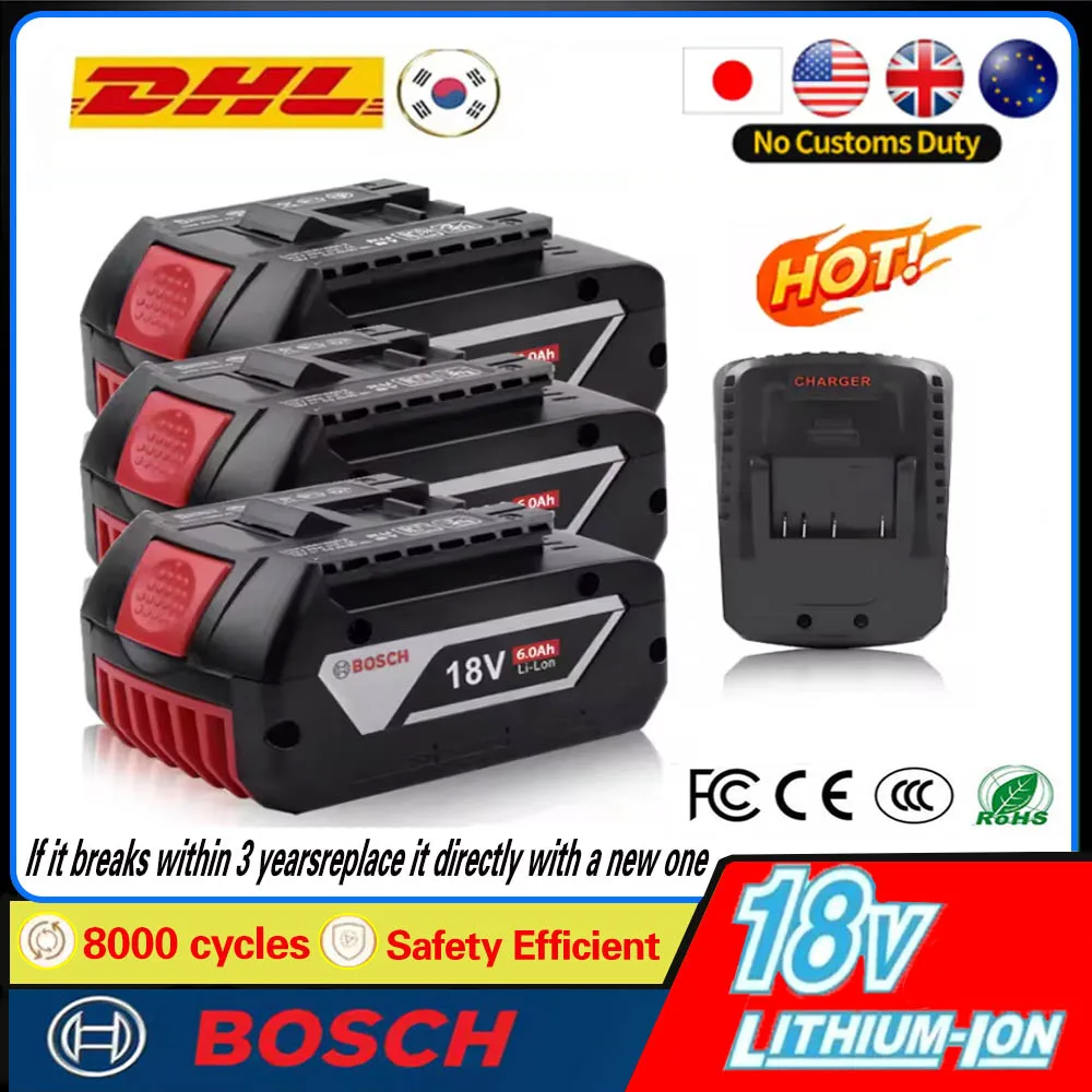 

2025 BAT610G+AL1820CV for Bosch professional 18V 6.0AH Li-ion battery replacement with LED & for Bosch quick charger 14.4V-1
