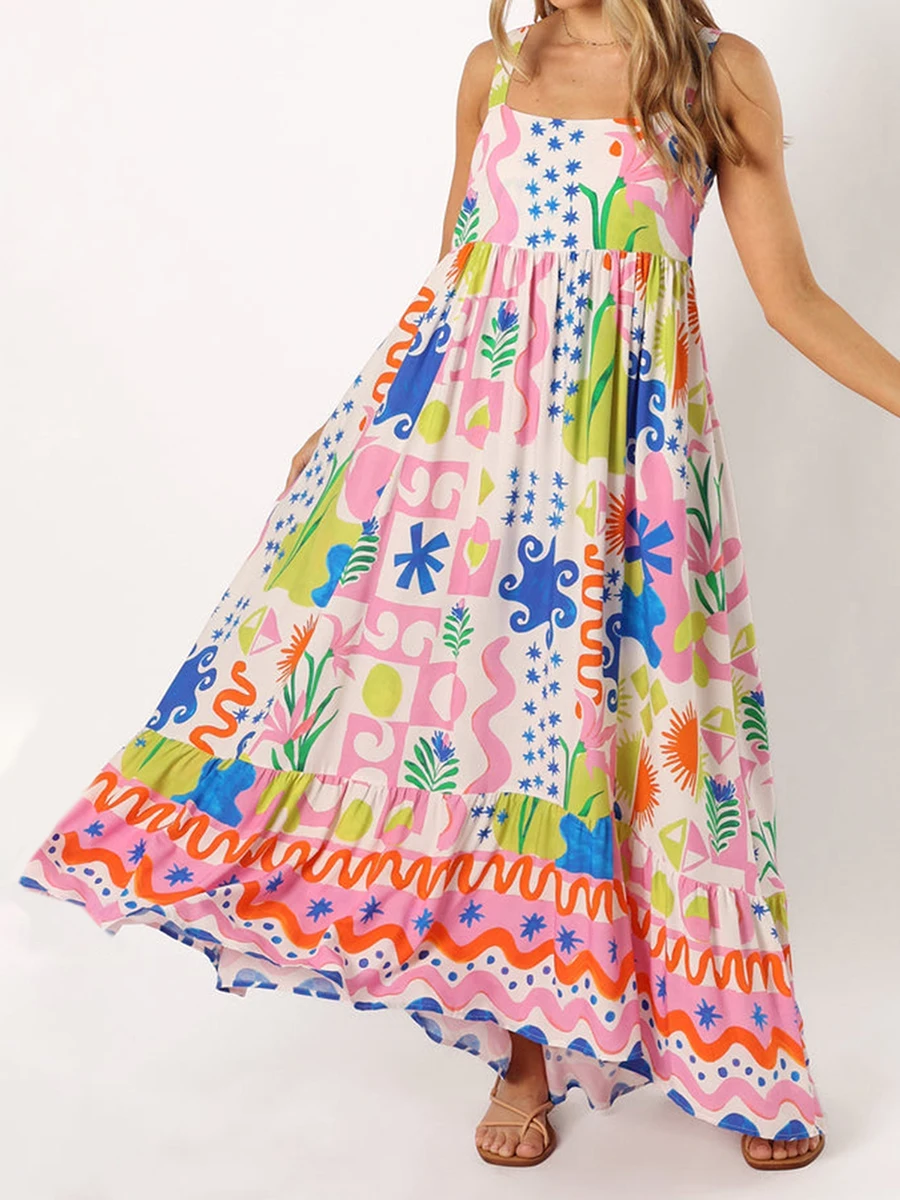 Women'S Summer Bohemian Pink Sling Dress Sleeveless Lace Up Shoulder Strap Square Neck Long Printed Beach Flower Dress