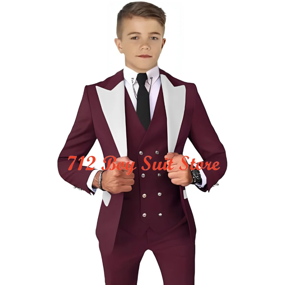 3-delige Jongenspakken Huwelijksfeest Formeel Slim Fit Pak Set Double Breasted Kids Smoking Voor Jongens Blazer Jas Vest Broek