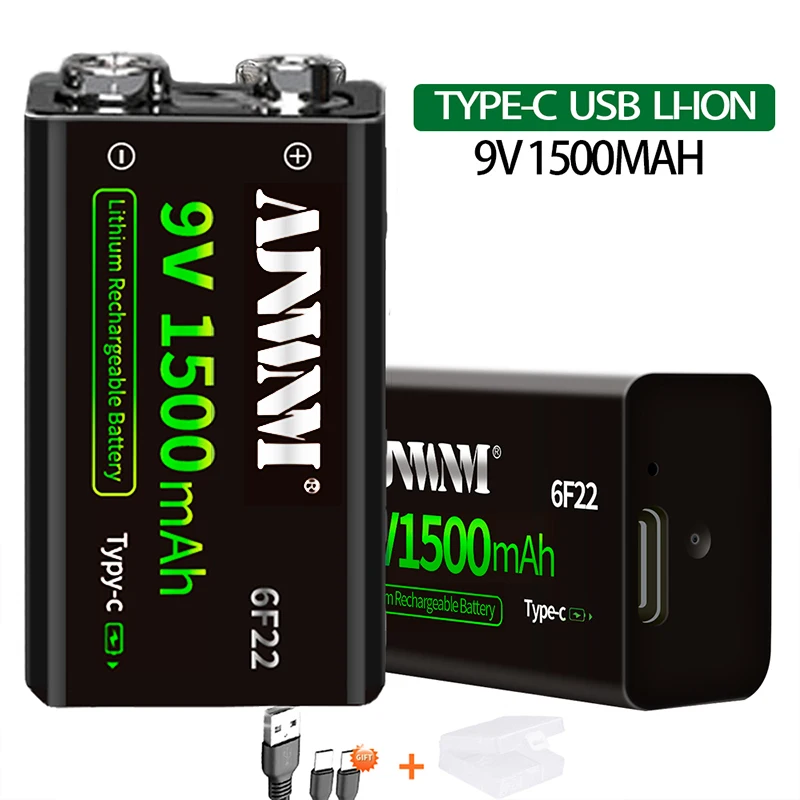 

1500mAh Rechargeable 9V Battery Li-ion Crown Type-C USB 6F22 9v Battery for RC Helicopter Model Metal Detector Microphone