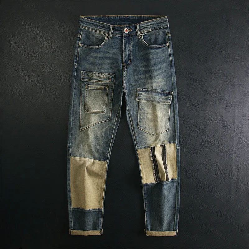 

Splicing motorcycle jeans men's American retro multi pocket niche trend, cool and stretchy slim fit high-end denim pants