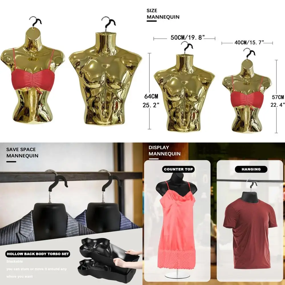 

Pair of Gold Mannequins - Male & Female Hollow Back Torso with Metal Stand and Hanging Hook