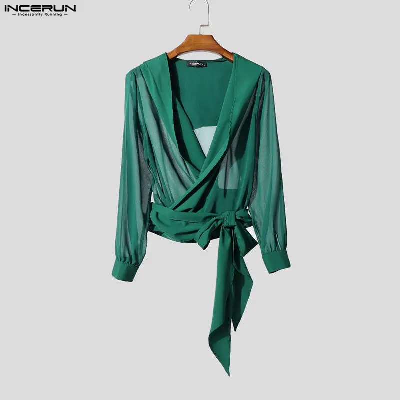 

INCERUN Men Irregular Shirts Mesh Patchwork See Through Hooded Long Sleeve Men Clothing V Neck Sexy Fashion Casual Camisas Tops